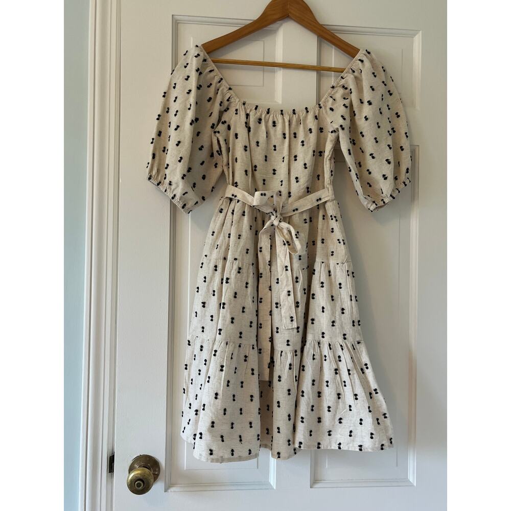 Sim & Sam Linen Blend Tufted Dot Puff Sleeve Cottagecore Mini Dress XS